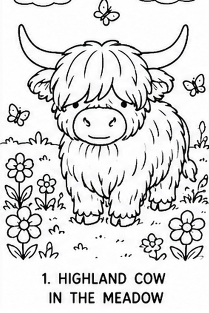 Highland Cow colouring pages for 5 year olds