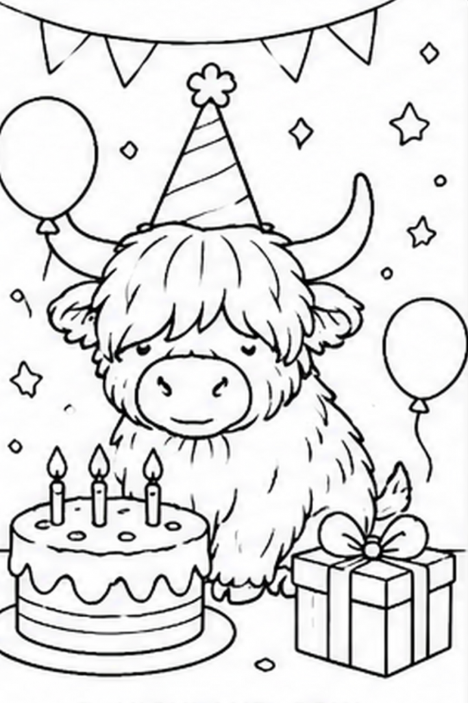Highland Cow sweet colouring pages